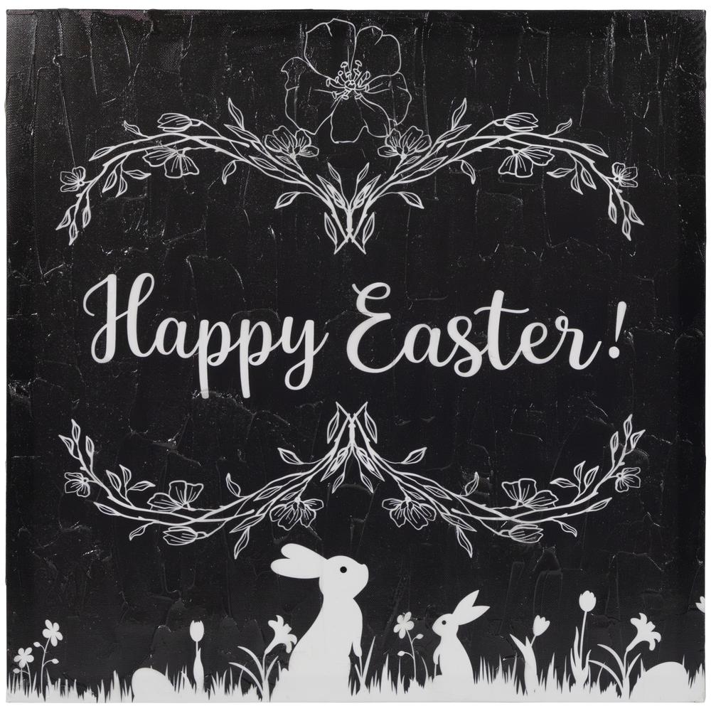 Black and White Happy Easter Bunnies Canvas Wall Art  17.75" x 17.75". Picture 1