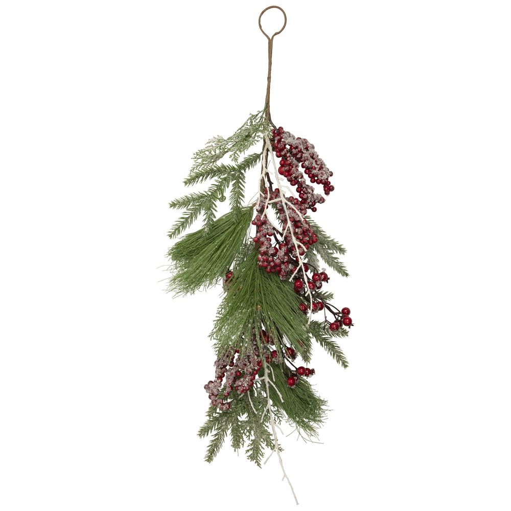 28" Frosted Red Berries and Pine Cones Artificial Christmas Teardrop Swag. Picture 1