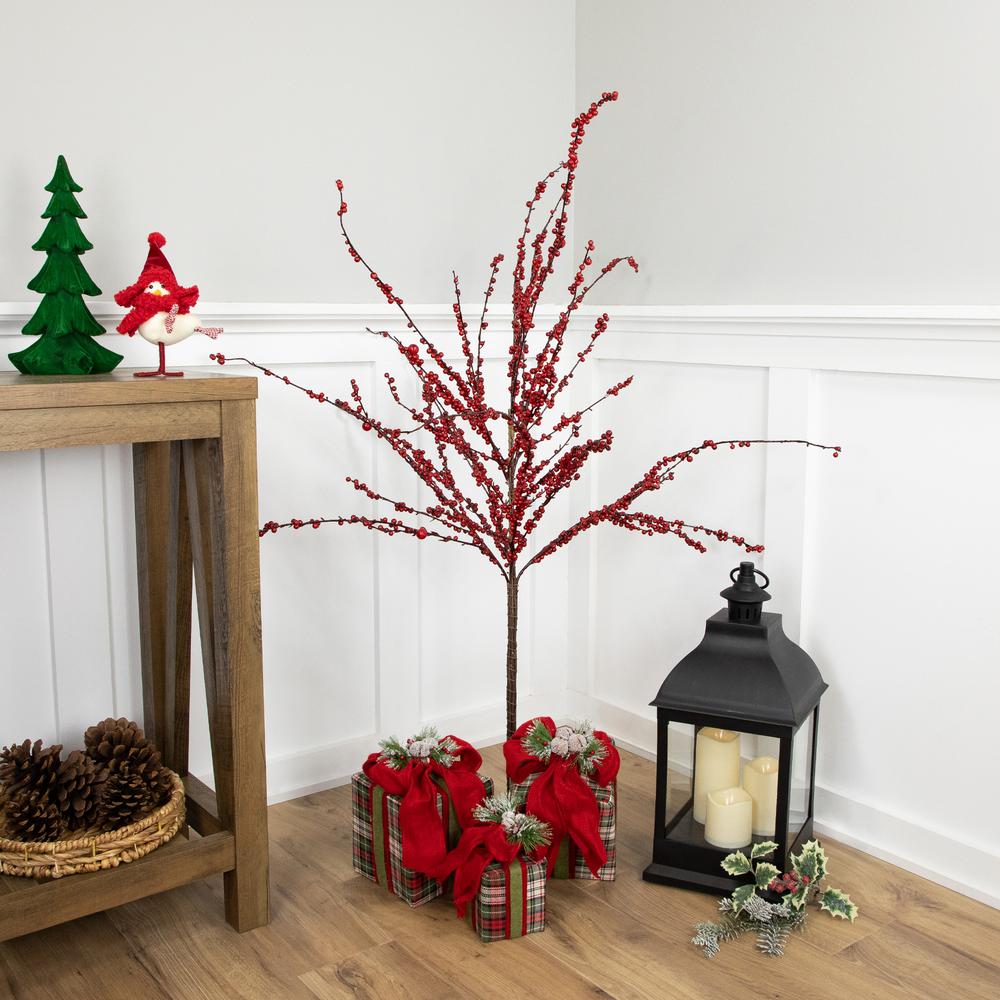 50" Artificial Red Berry Christmas Twig Tree with Square Stand  Unlit. Picture 3