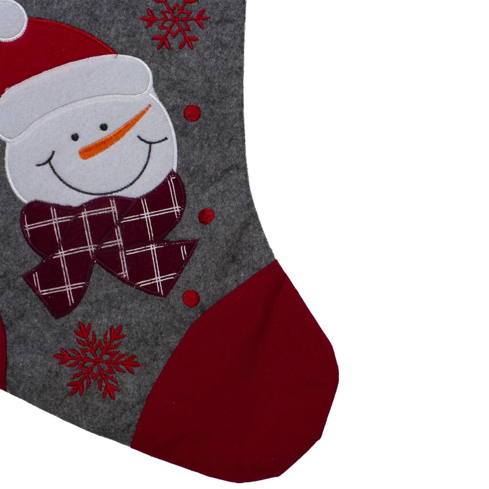19" Gray and Red Embroidered Snowman Christmas Stocking. Picture 3