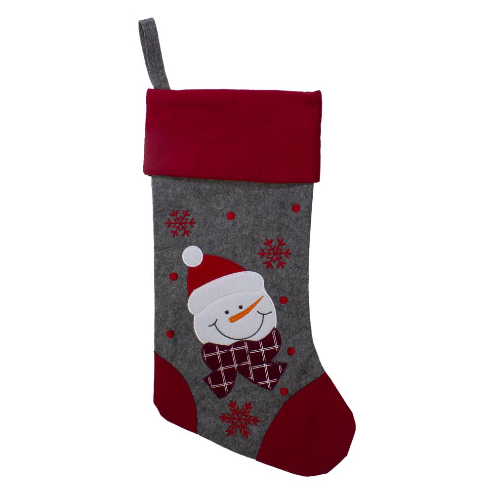 19" Gray and Red Embroidered Snowman Christmas Stocking. The main picture.