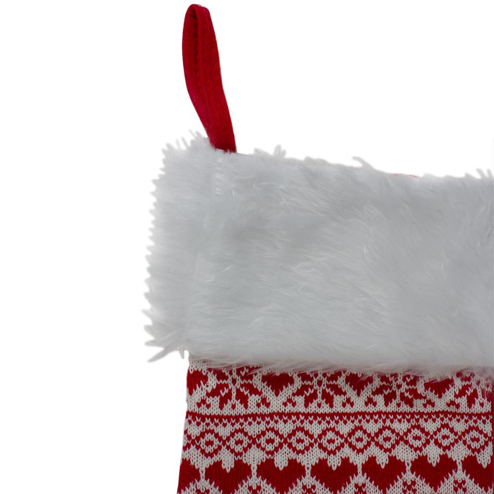 19" Red and White Hearts With Snowflakes Knit Christmas Stocking Faux Fur Cuff. Picture 2