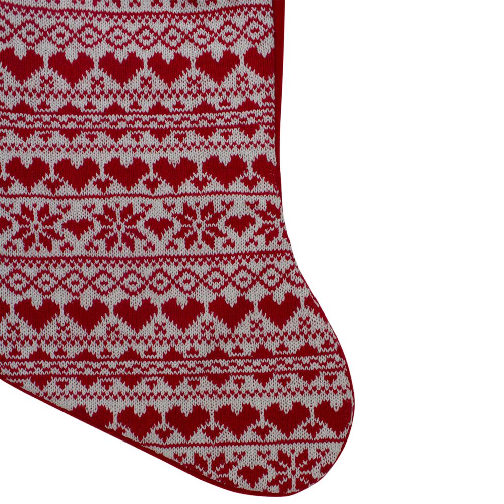 19" Red and White Hearts With Snowflakes Knit Christmas Stocking Faux Fur Cuff. Picture 3