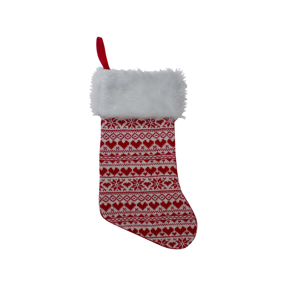 19" Red and White Hearts With Snowflakes Knit Christmas Stocking Faux Fur Cuff. The main picture.