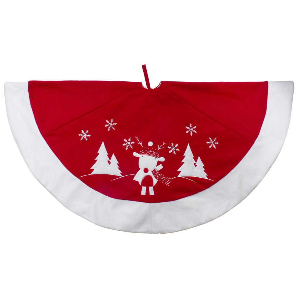 48" Red and White Winter Reindeer Embroidered Christmas Tree Skirt. The main picture.