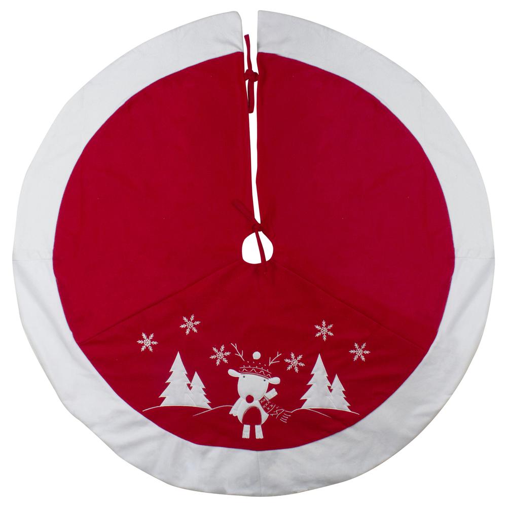 48" Red and White Winter Reindeer Embroidered Christmas Tree Skirt. Picture 2