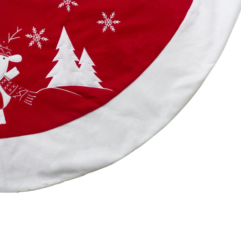 48" Red and White Winter Reindeer Embroidered Christmas Tree Skirt. Picture 3