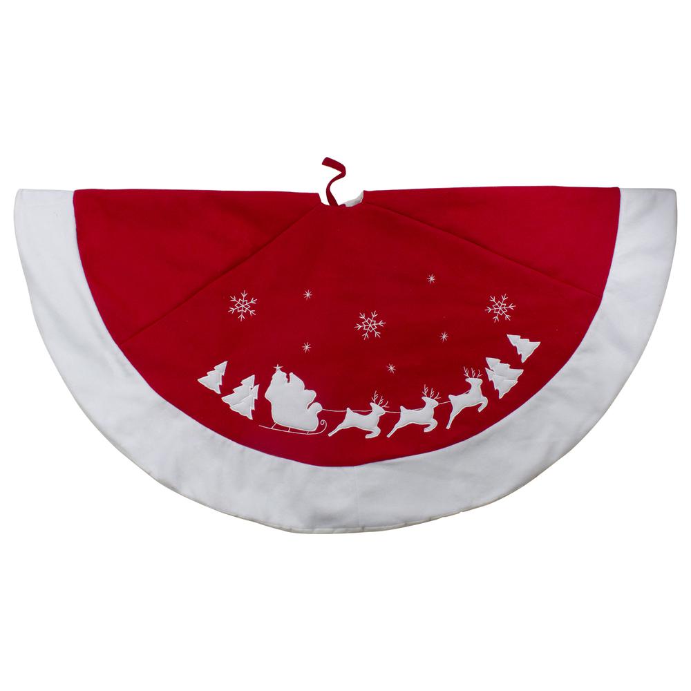 48" Red Sleigh and Reindeer Embroidered Christmas Tree Skirt. Picture 1