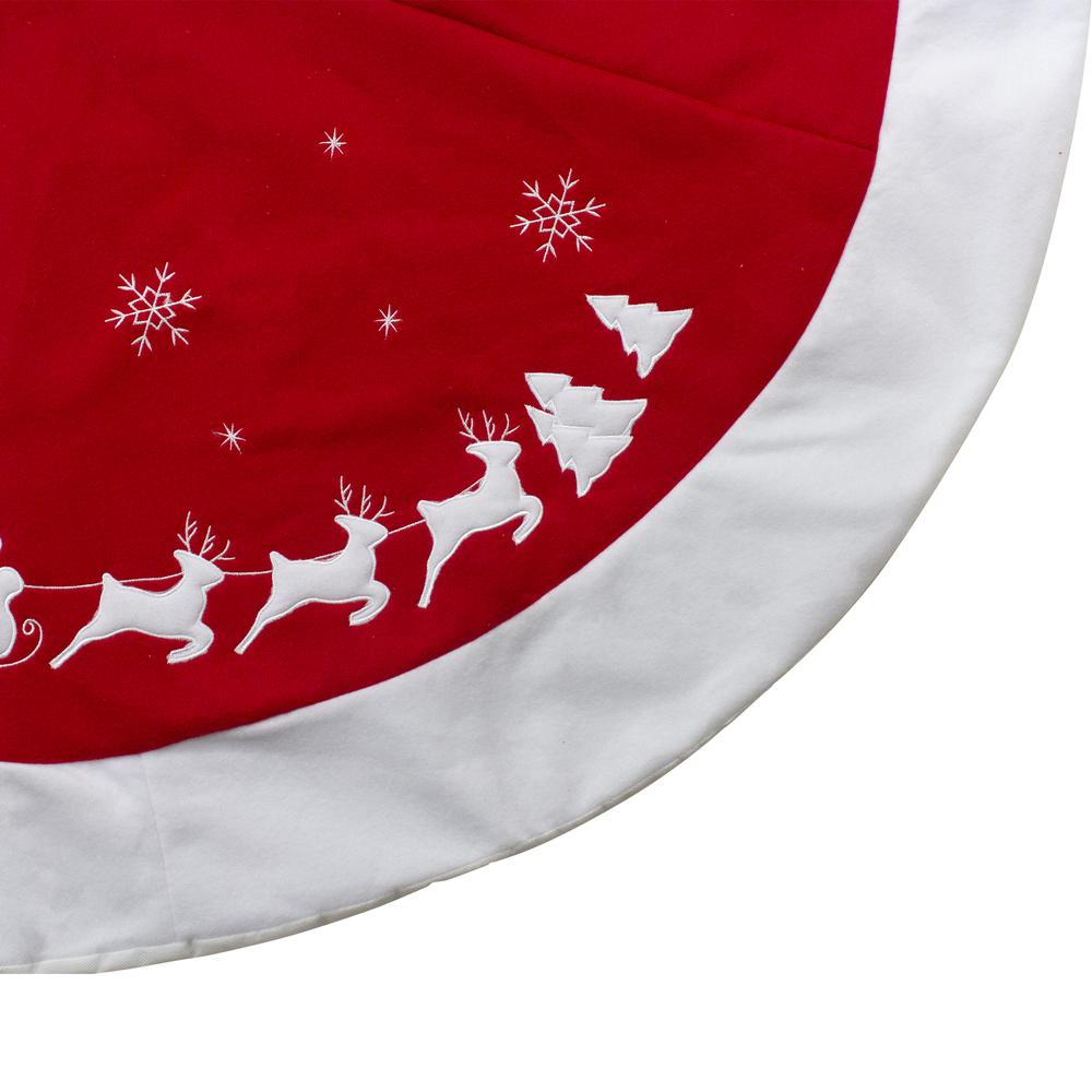 48" Red Sleigh and Reindeer Embroidered Christmas Tree Skirt. Picture 3