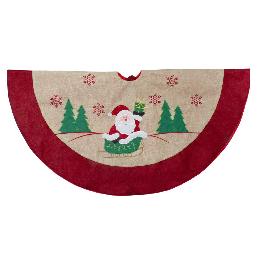 36" Burlap Santa Claus in Sleigh Embroidered Christmas Tree Skirt. Picture 1