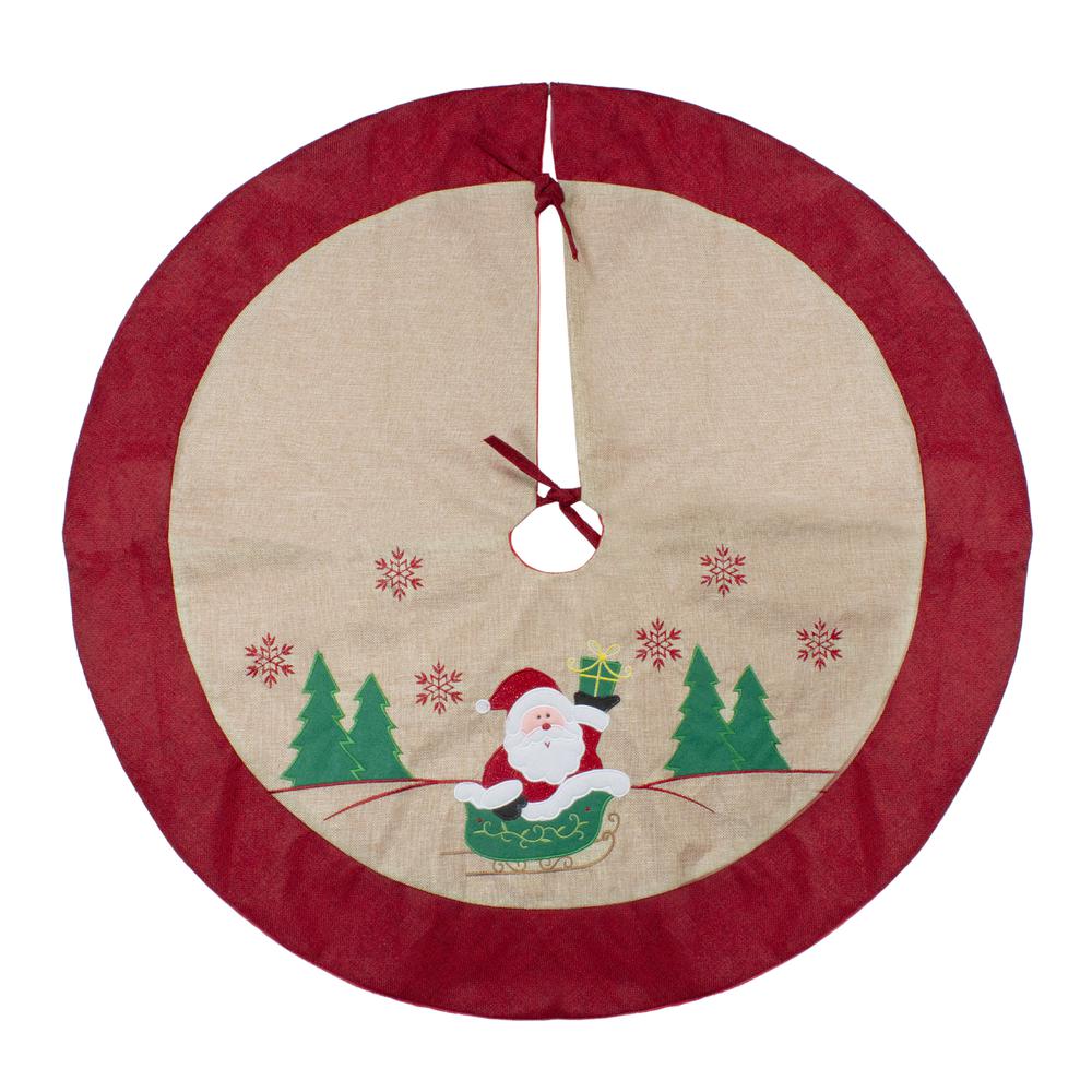36" Burlap Santa Claus in Sleigh Embroidered Christmas Tree Skirt. Picture 2
