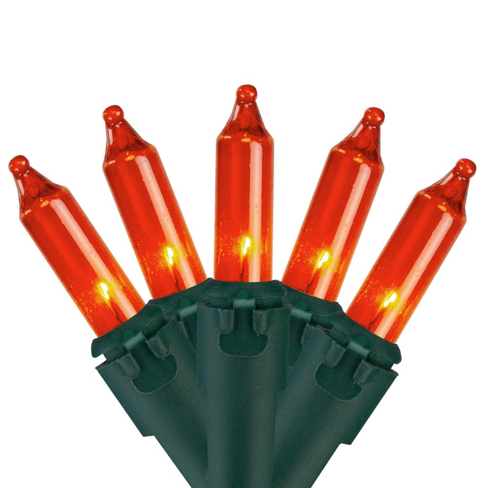 Set of 100 Orange Mini Incandescent Christmas Lights 2.5" Spacing - Green Wire. Picture 1