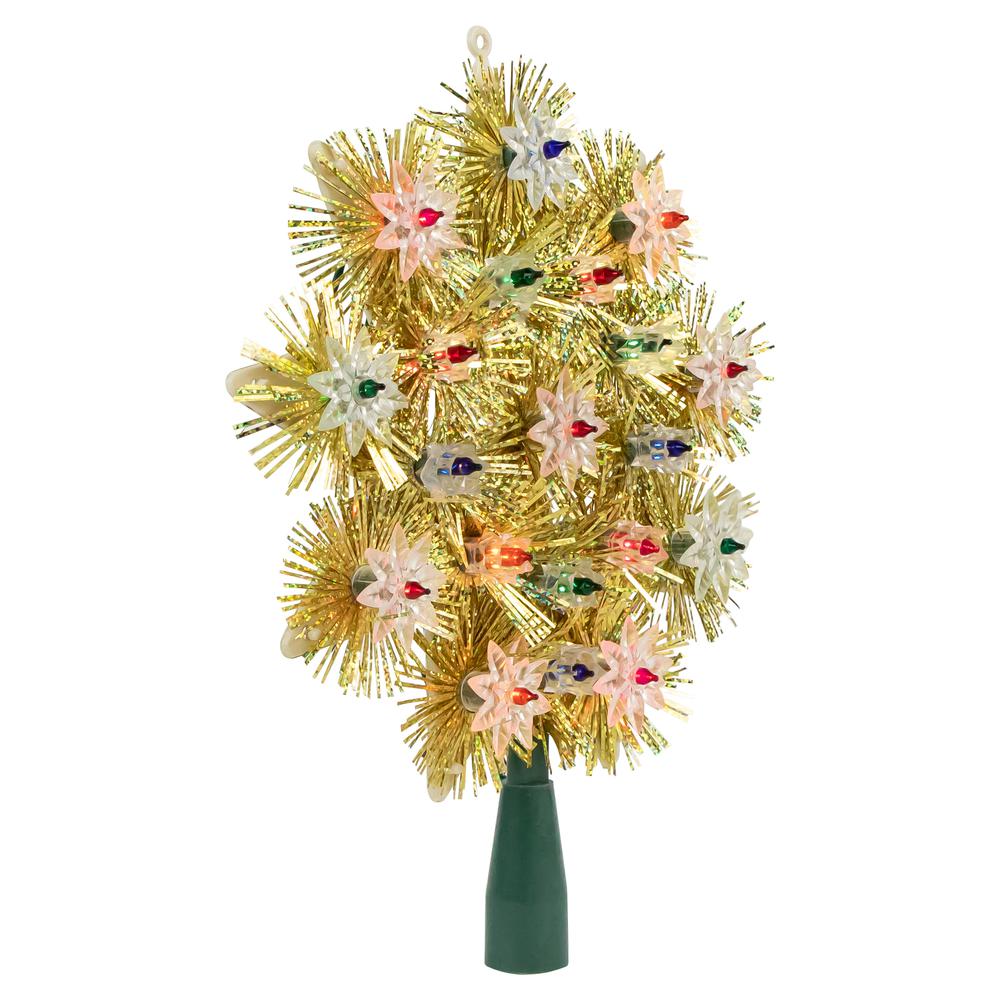 8" Lighted Gold Retro Tinsel Snowflake Christmas Tree Topper - Multi Lights. Picture 3