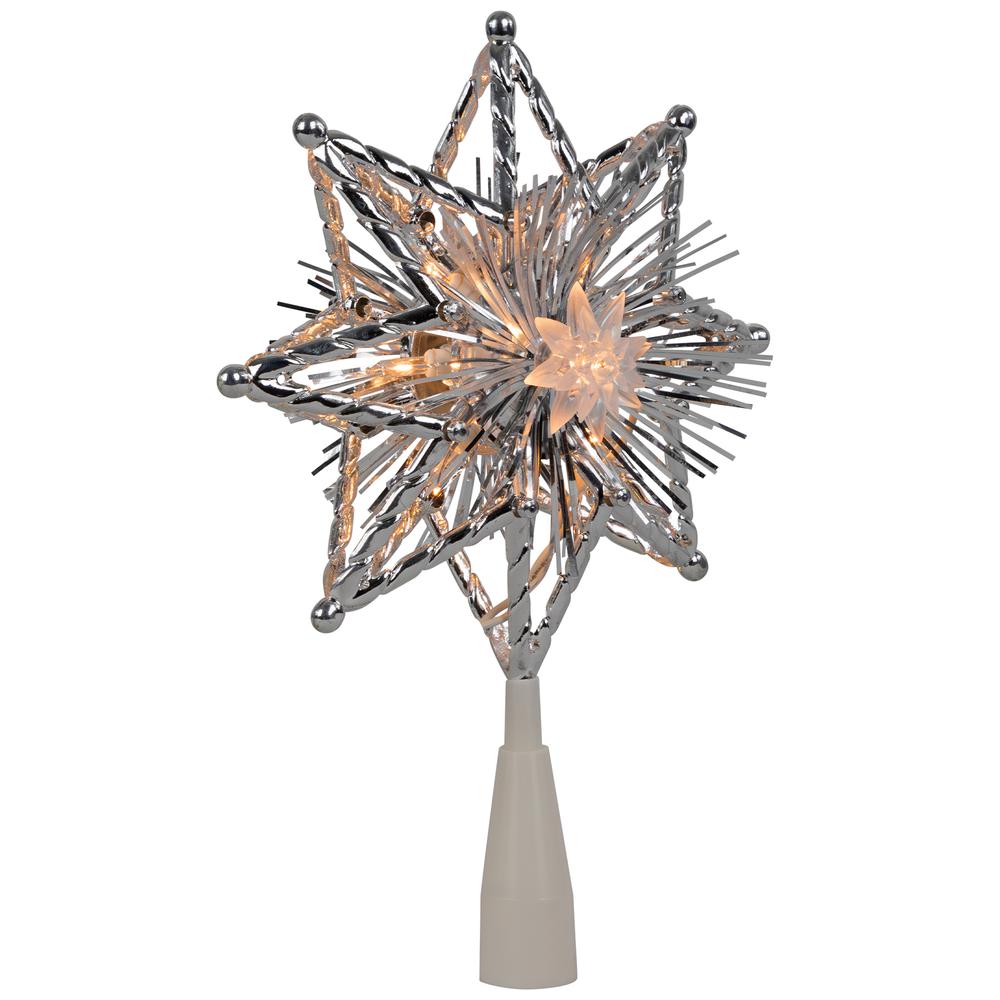 8" Lighted Silver Tinsel Star Christmas Tree Topper - Clear Lights  White Wire. Picture 4