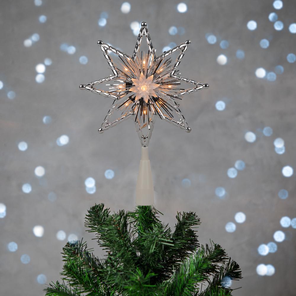 8" Lighted Silver Tinsel Star Christmas Tree Topper - Clear Lights  White Wire. Picture 2