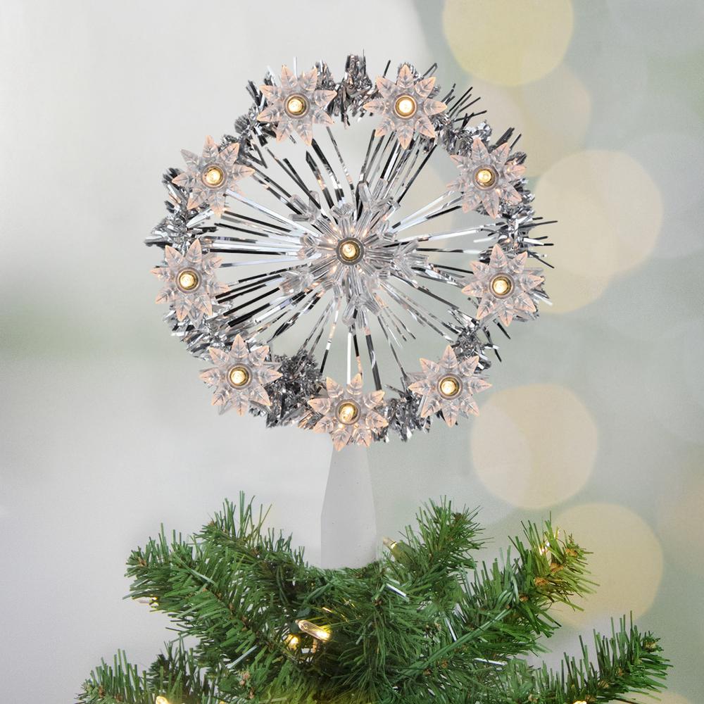7" Silver Pre-Lit Snowflake Starburst Christmas Tree Topper - Clear Lights. Picture 2