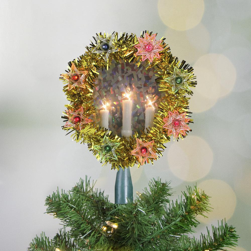 7" Lighted Gold Tinsel Wreath with Candles Christmas Tree Topper - Multi Lights. Picture 2