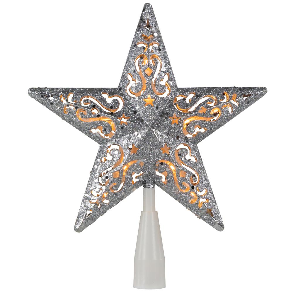 8.5" Silver Glitter Star Design Christmas Tree Topper - Clear Lights White Wire. Picture 1