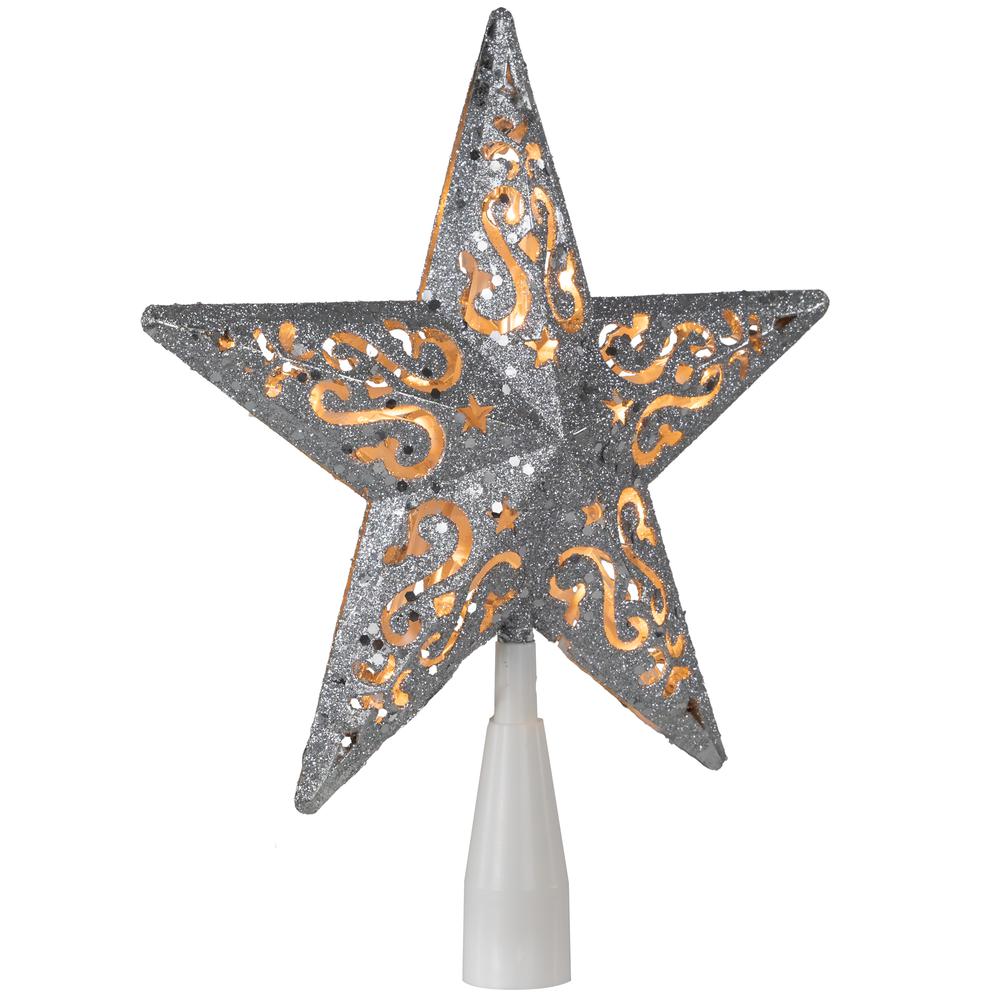 8.5" Silver Glitter Star Design Christmas Tree Topper - Clear Lights White Wire. Picture 3