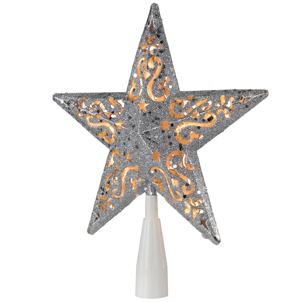 8.5" Silver Glitter Star Design Christmas Tree Topper - Clear Lights White Wire. Picture 4
