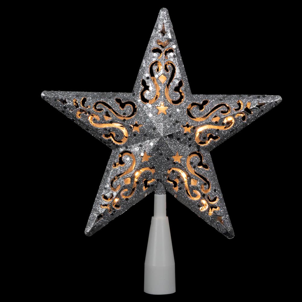 8.5" Silver Glitter Star Design Christmas Tree Topper - Clear Lights White Wire. Picture 2
