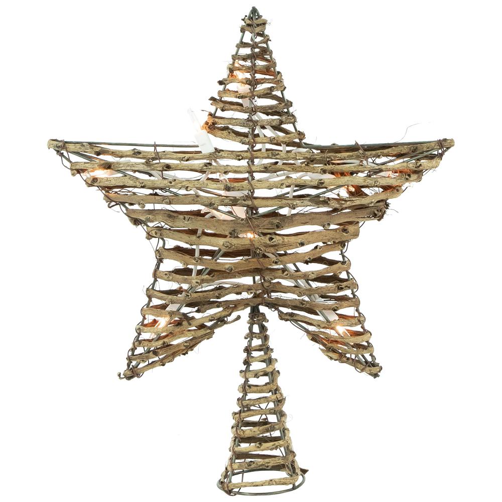 11" Lighted Rattan Twigs Star Christmas Tree Topper- Clear Lights  White Wire. Picture 1