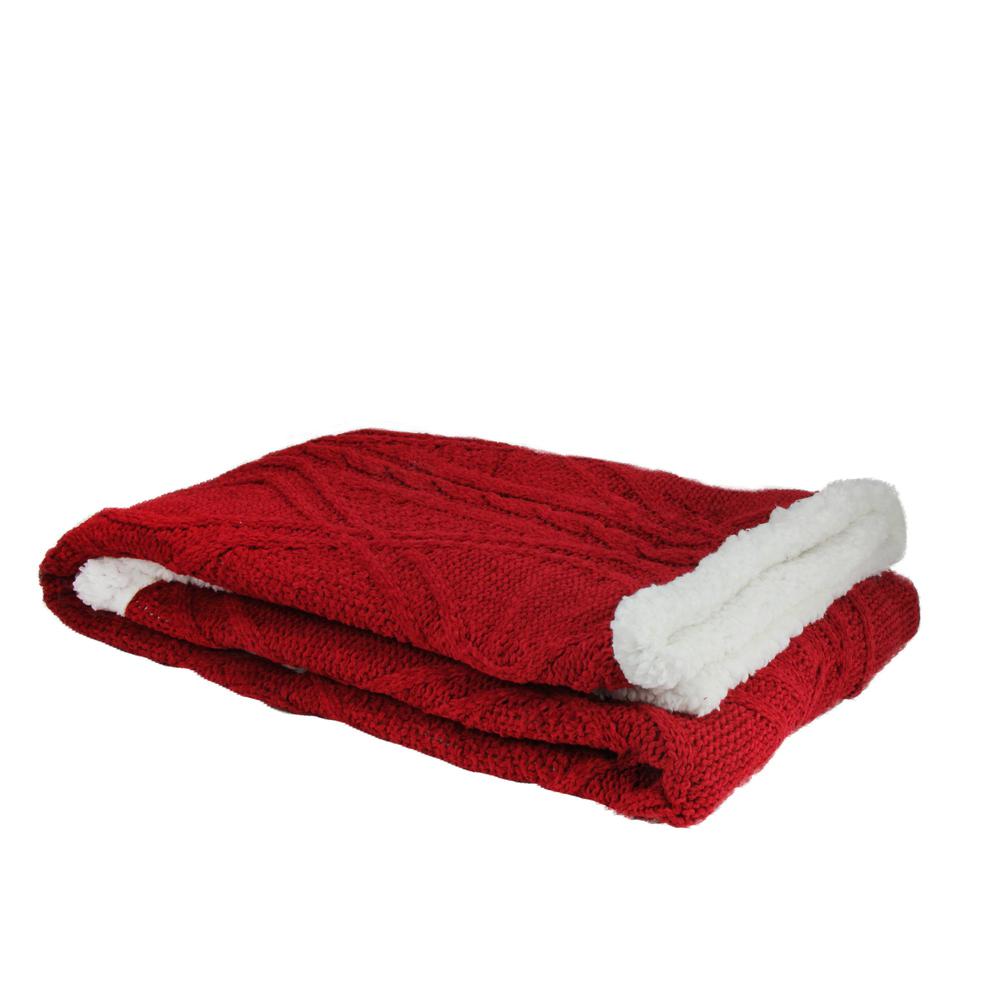 Red and White Cable Knit Plush Sherpa Throw Blanket 50" x 60". Picture 3