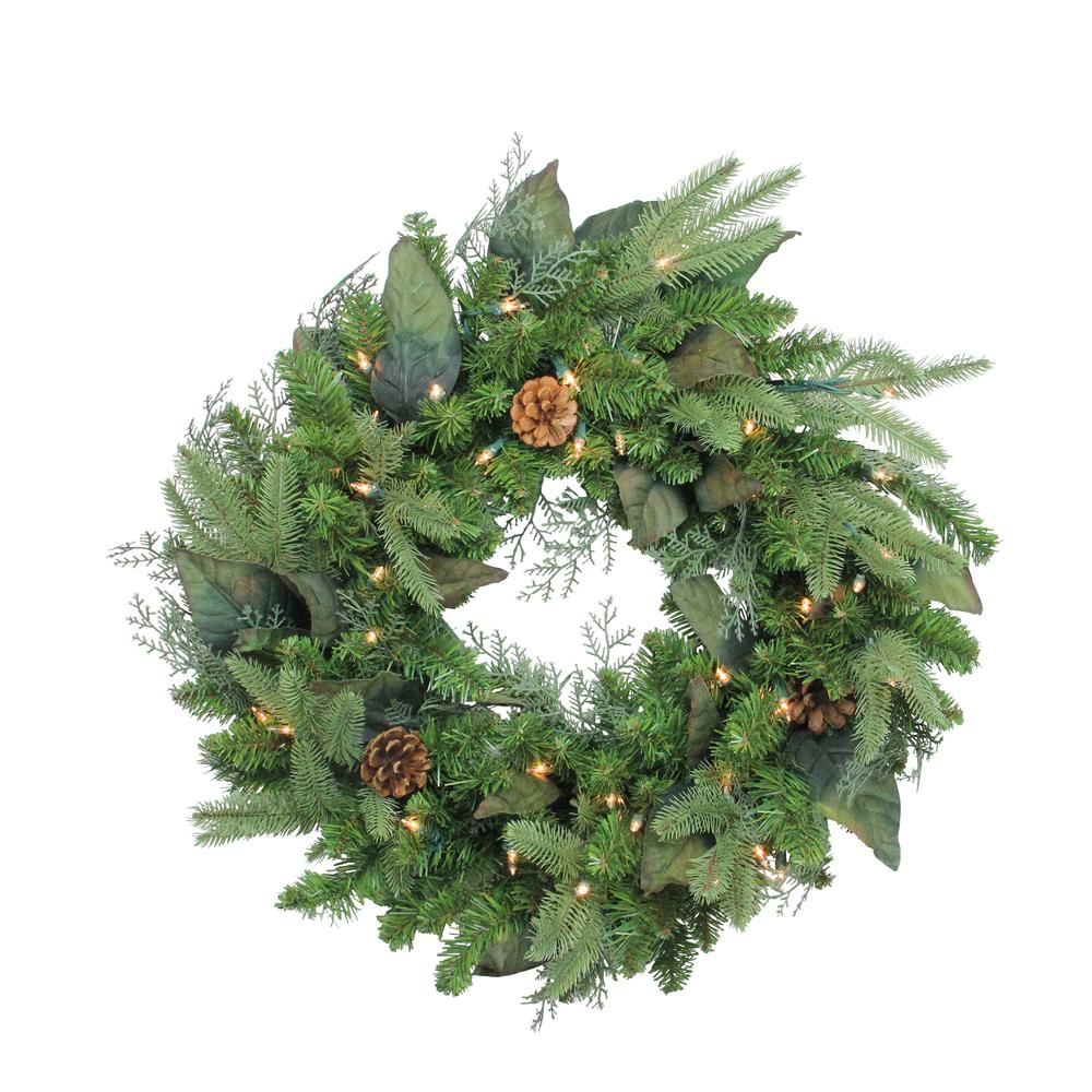 Pre-Lit Mixed Winter Pine Artificial Christmas Wreath - 24 Inch  Clear Lights. Picture 1