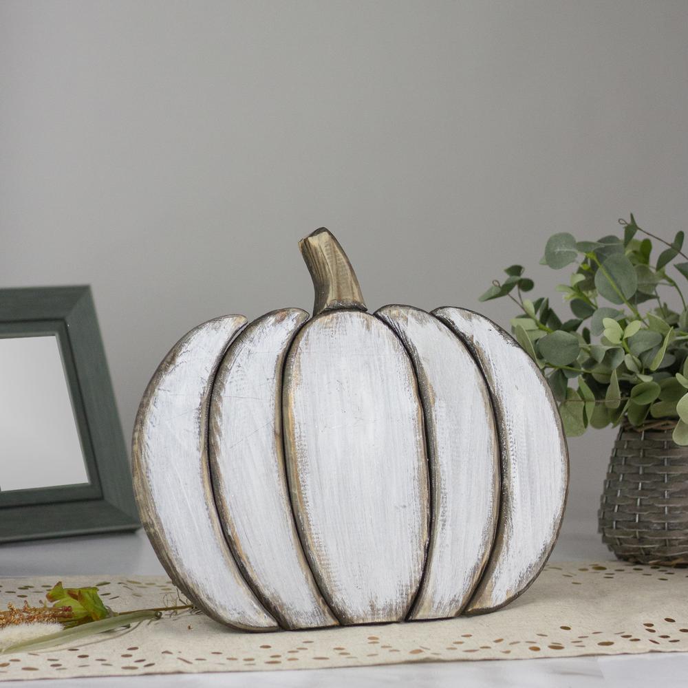 13.75 White Wooden Pumpkin Fall Harvest Decoration. Picture 2