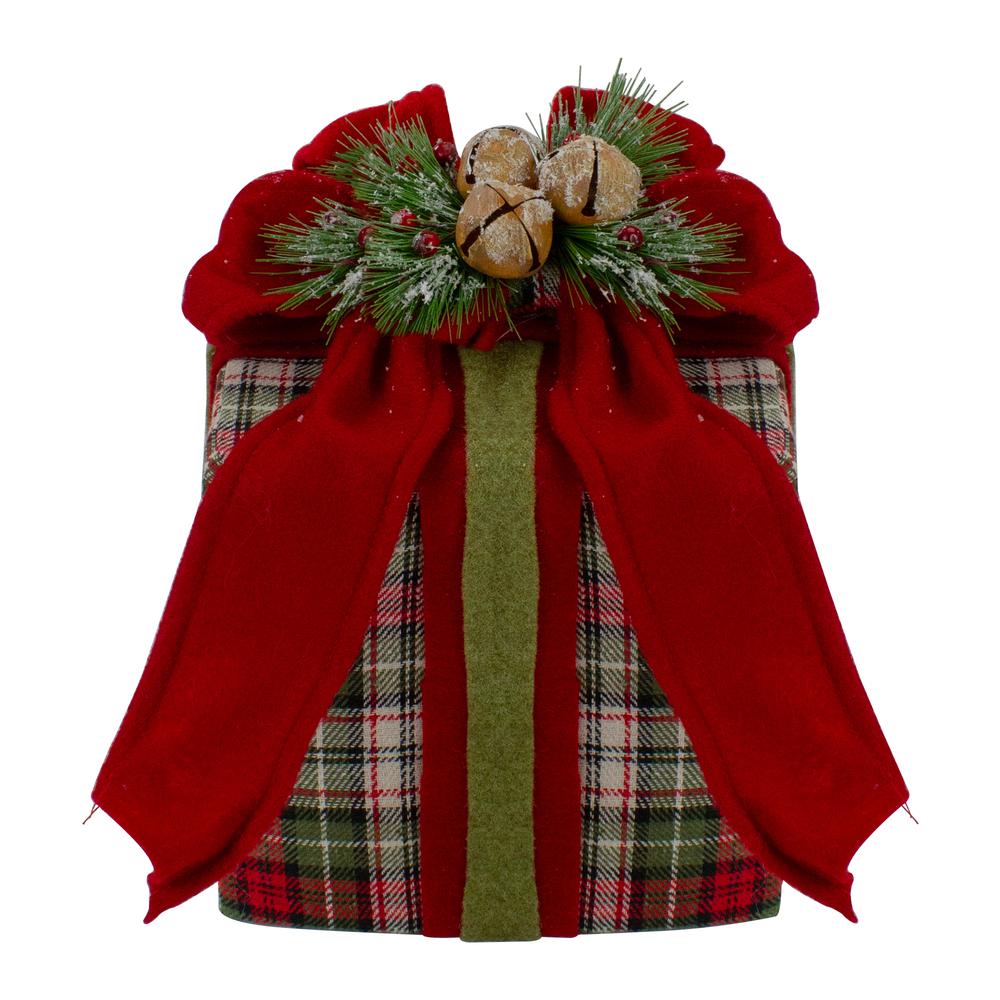 9" Red and Green Plaid Christmas Present Decoration with Bow. Picture 1