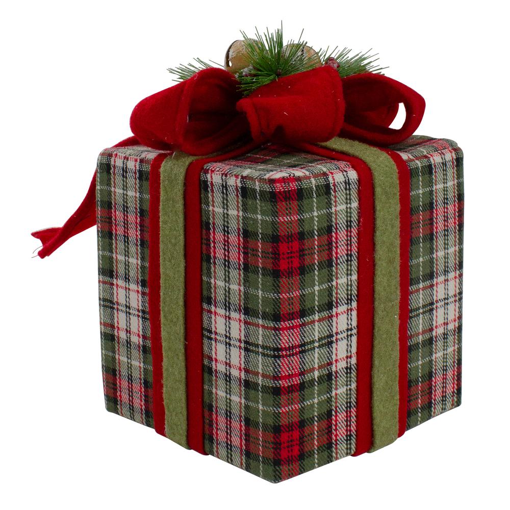 9" Red and Green Plaid Christmas Present Decoration with Bow. Picture 3