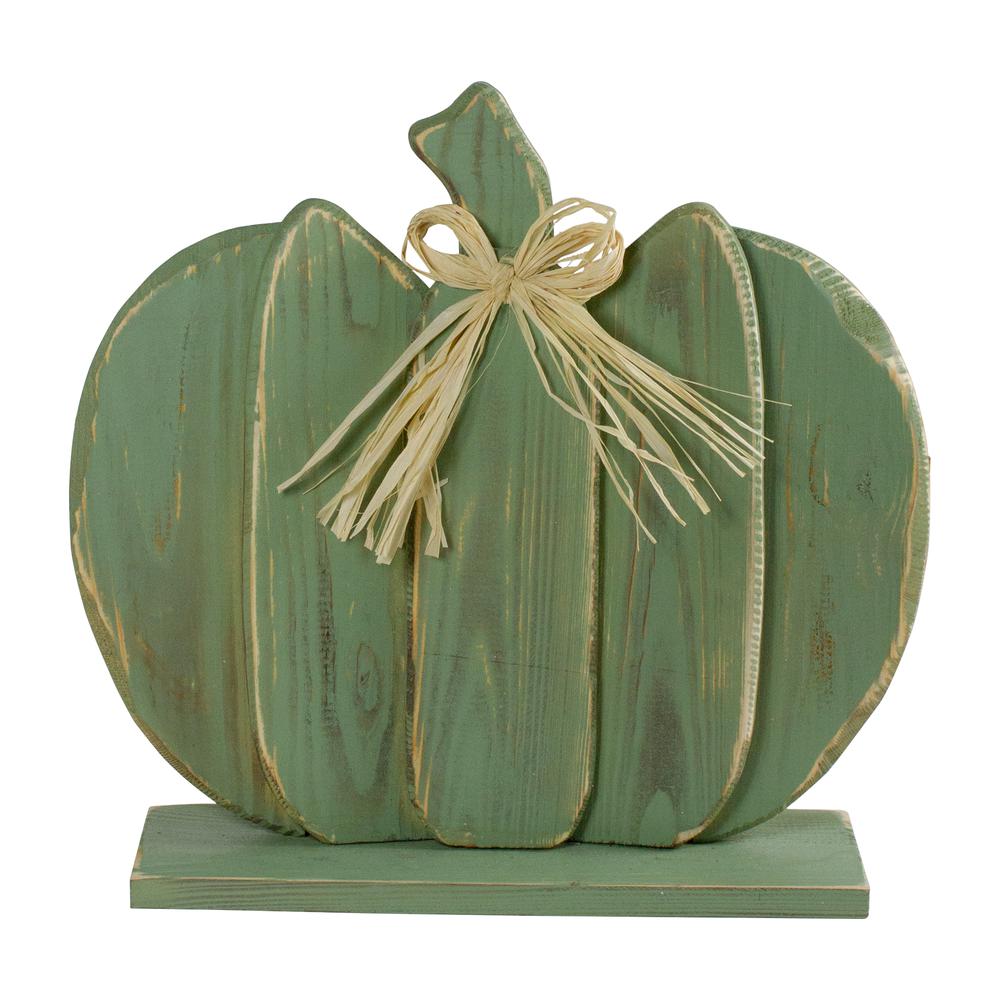 14.5" Green Wooden Fall Harvest Table Top Pumpkin with Bow. Picture 1