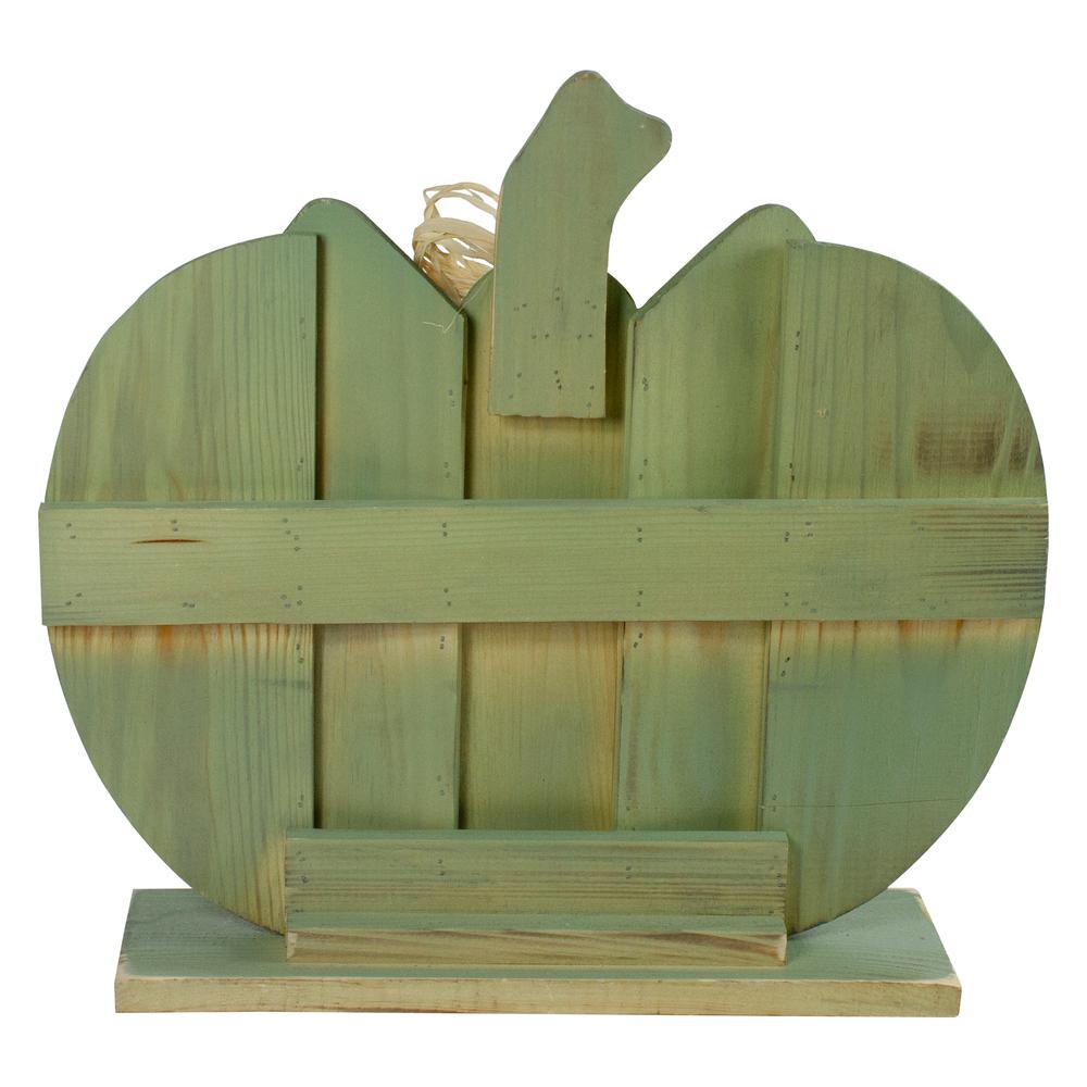 14.5" Green Wooden Fall Harvest Table Top Pumpkin with Bow. Picture 6