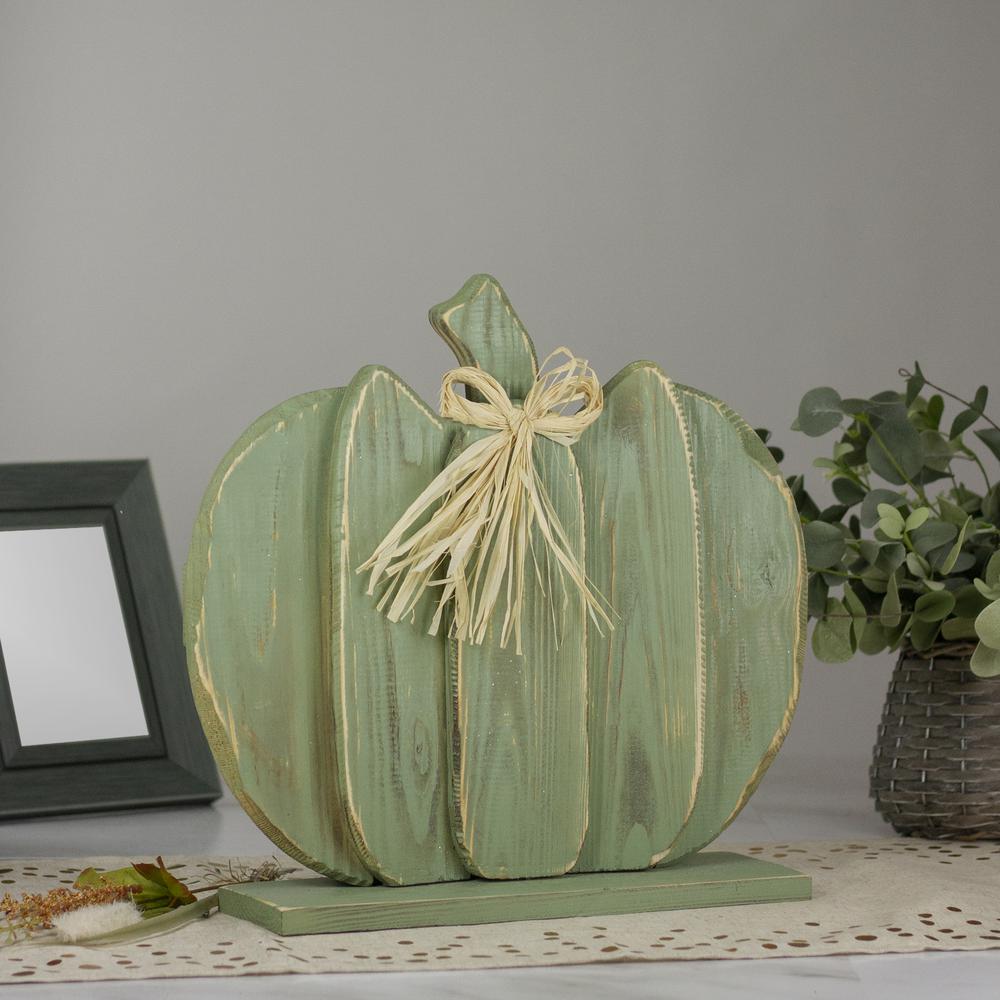 14.5" Green Wooden Fall Harvest Table Top Pumpkin with Bow. Picture 2