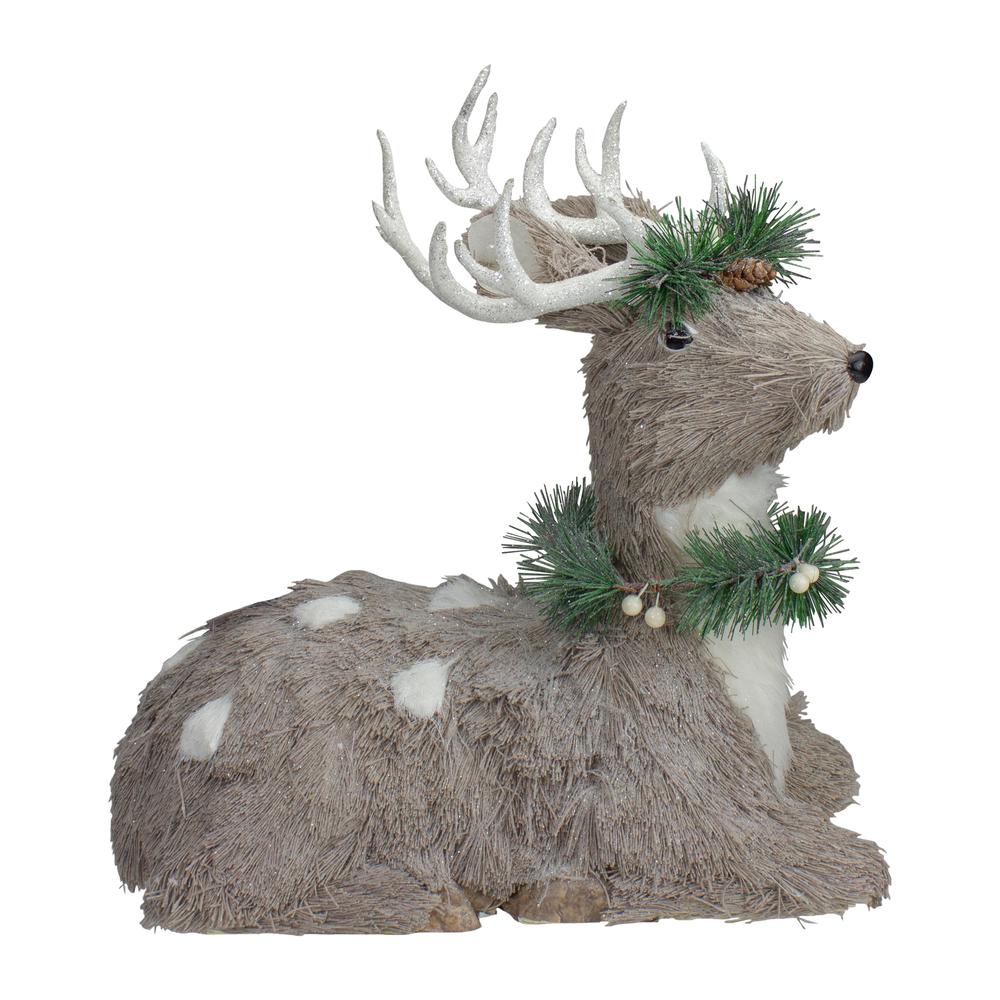 14" Gray Sitting Sisal Reindeer with Wreath Christmas Figure. Picture 1