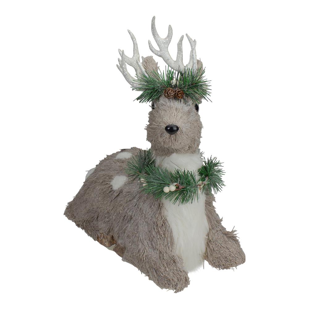 14" Gray Sitting Sisal Reindeer with Wreath Christmas Figure. Picture 2