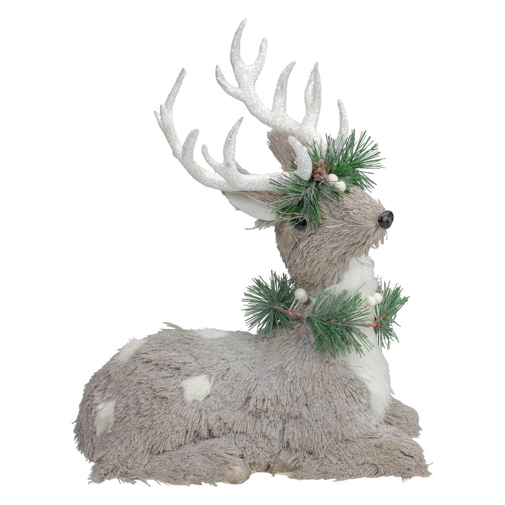 12.75" Gray Sitting Sisal Reindeer with Wreath Christmas Figure. Picture 1