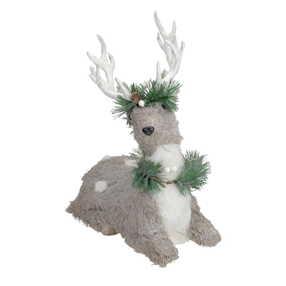 12.75" Gray Sitting Sisal Reindeer with Wreath Christmas Figure. Picture 2