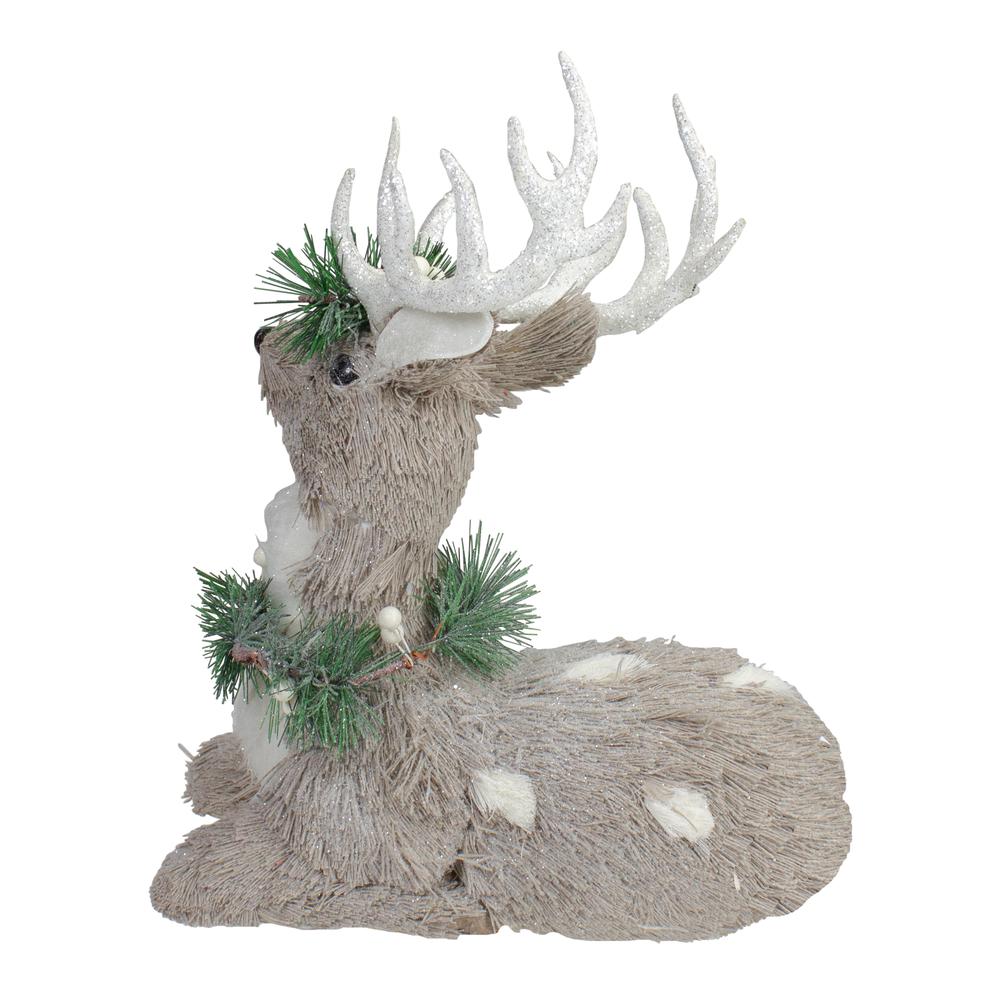 12.75" Gray Sitting Sisal Reindeer with Wreath Christmas Figure. Picture 4