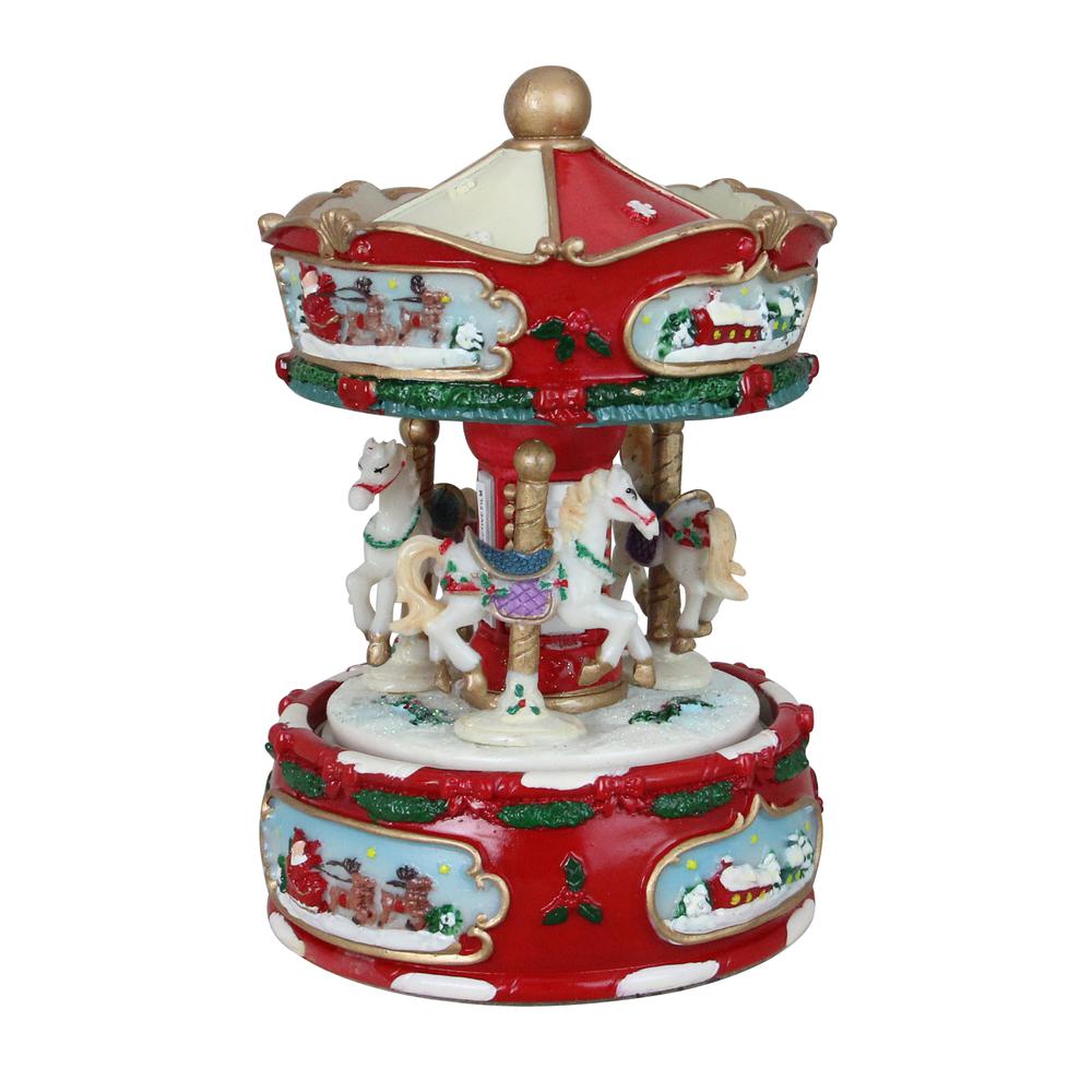 6.5" Red and White Animated and Musical Christmas Carousel Music Box. Picture 2