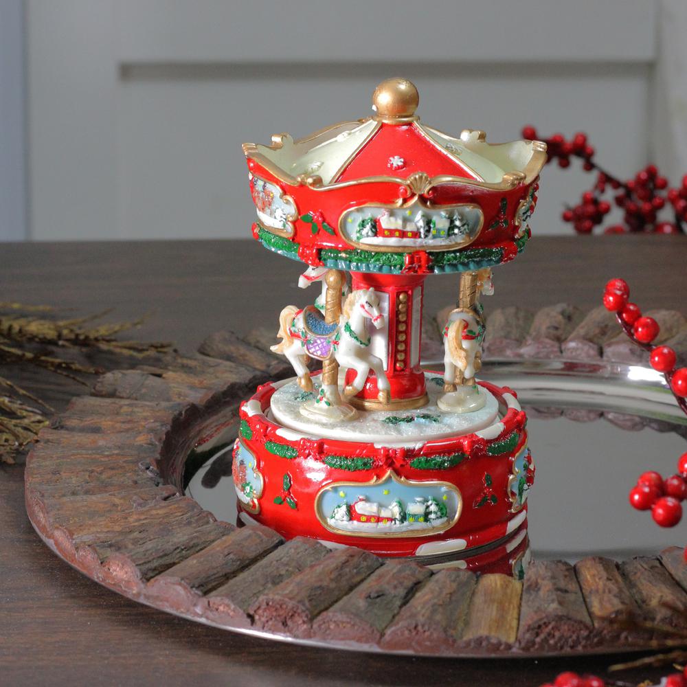 6.5" Red and White Animated and Musical Christmas Carousel Music Box. Picture 3