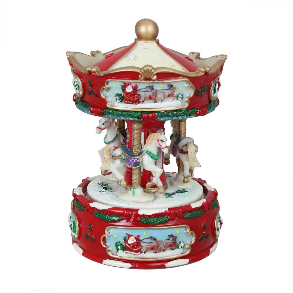 6.5" Red and White Animated and Musical Christmas Carousel Music Box. Picture 1