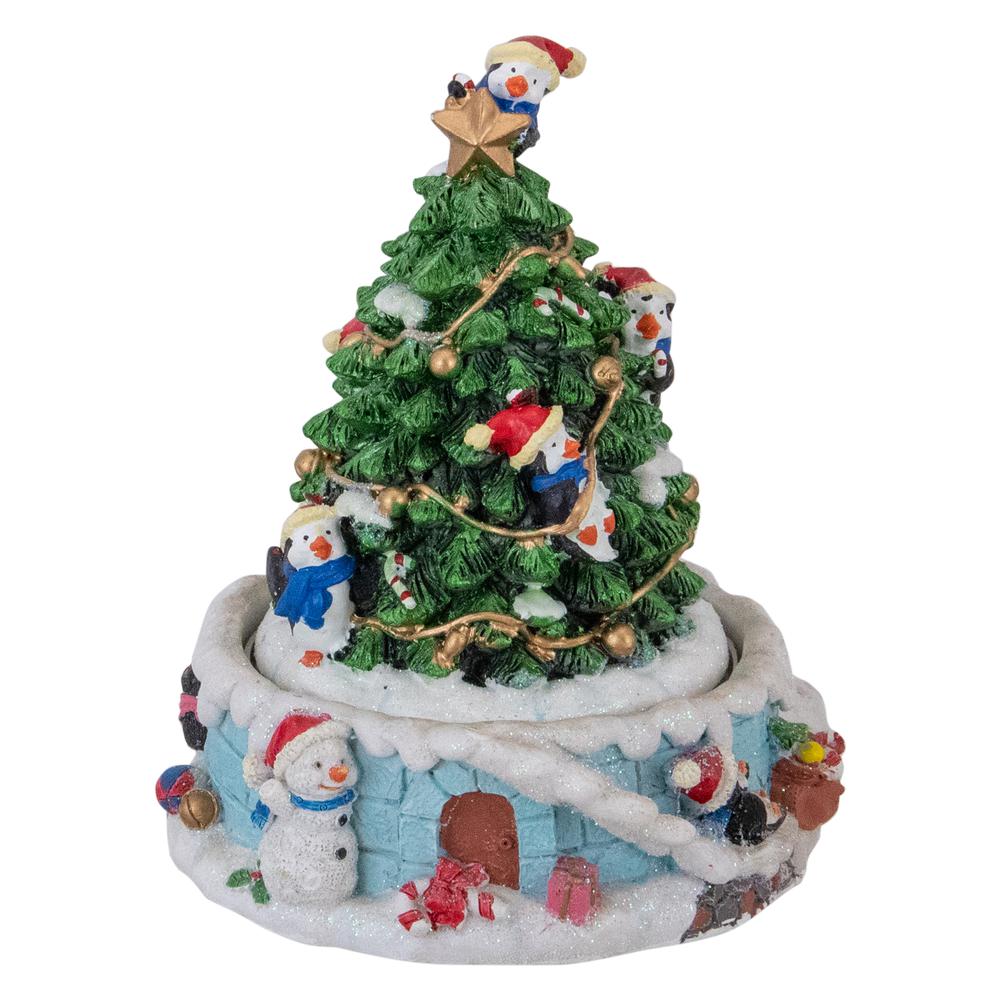 6.5" Penguins and Christmas Tree Rotating Music Box. Picture 1