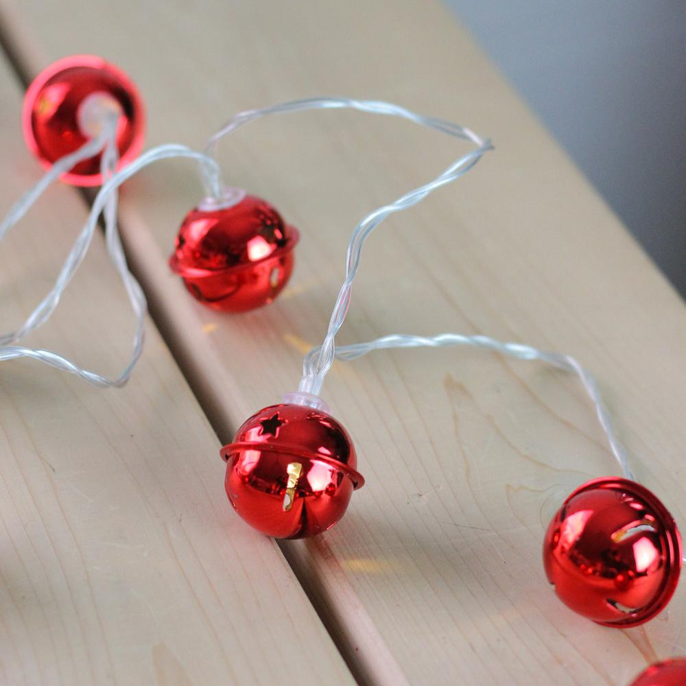 8 Battery Operated Red LED Jingle Bell Christmas Lights - Clear Wire. Picture 3