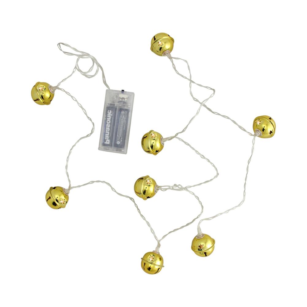8 Battery Operated Gold LED Jingle Bell Christmas Lights - Clear Wire. Picture 3