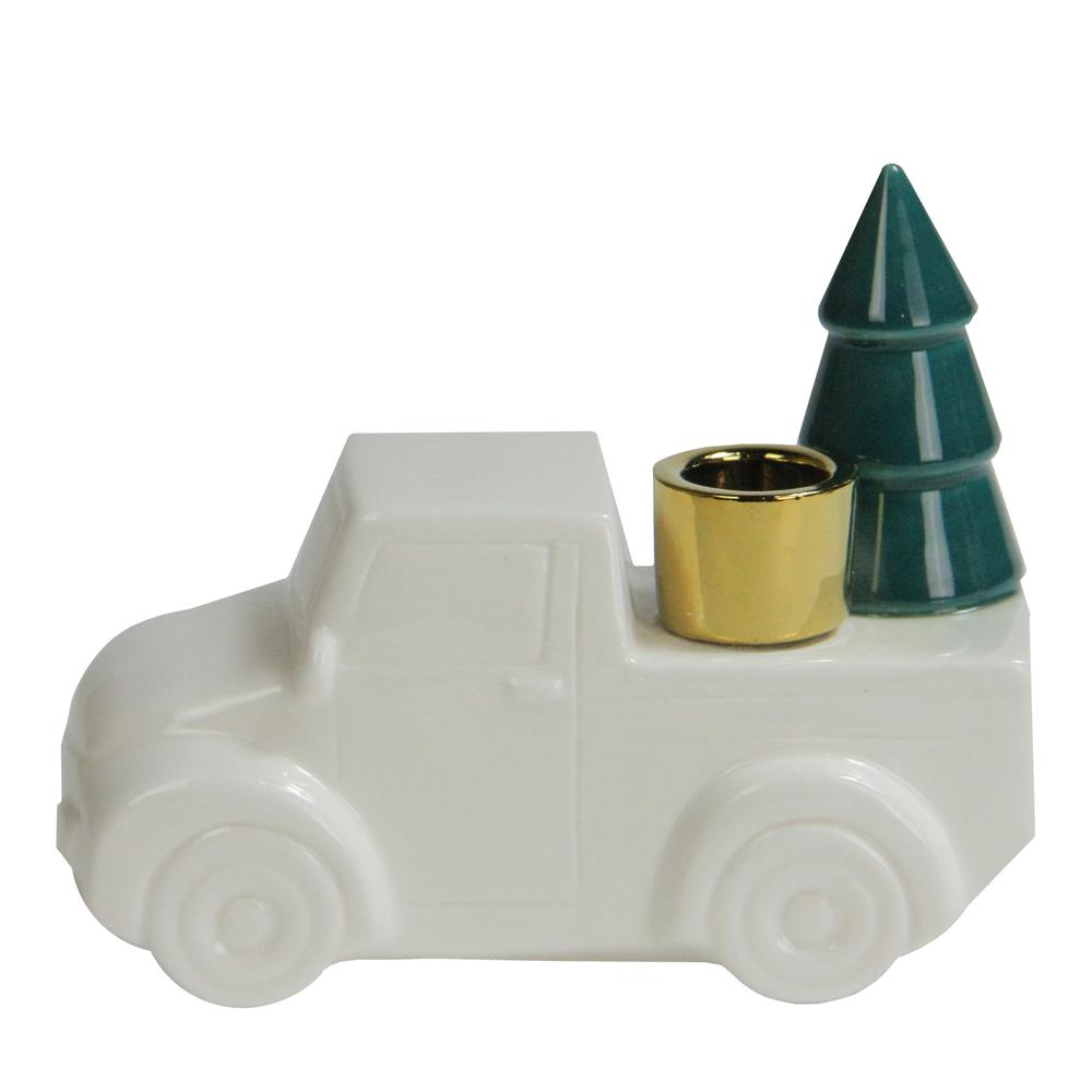 6 White Ceramic Truck with Christmas Tree Taper Candlestick Holder. Picture 2