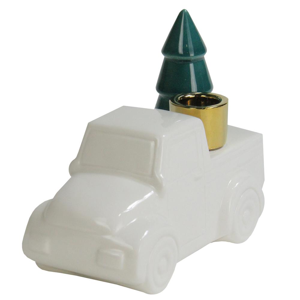 6 White Ceramic Truck with Christmas Tree Taper Candlestick Holder. Picture 4