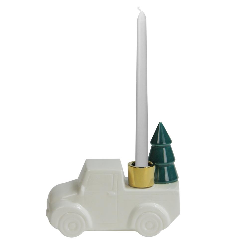 6 White Ceramic Truck with Christmas Tree Taper Candlestick Holder. Picture 1