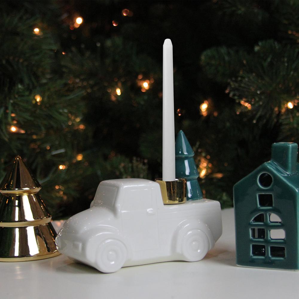 6 White Ceramic Truck with Christmas Tree Taper Candlestick Holder. Picture 3