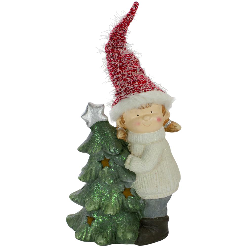 30" Green and Red Girl Hugging a Tree Christmas Tabletop Decoration. Picture 1